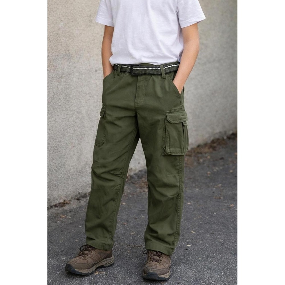 Outdoor Cargo Pants Belted Multi-Pocket Olive Green Size M Kids Hiking Trousers